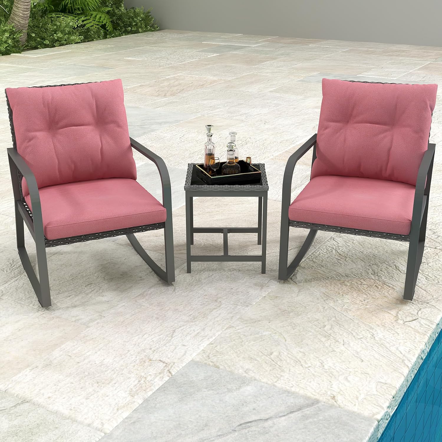 3 Piece Rocking Bistro Patio Set, Outdoor Rocking Chair, Outdoor Bistro Sets Wicker Patio Furniture Rocking Chairs Sectional Couch with Tempered Glass Top Coffee Table & Cushions, Red