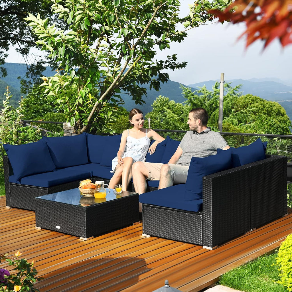 Tangkula 7-Piece Patio Furniture Set, Outdoor Sectional Wicker Sofa with Pillows and Cushions, Conversation Set with Coffee Table & Tea Table for Garden, Lawn (Navy Blue)