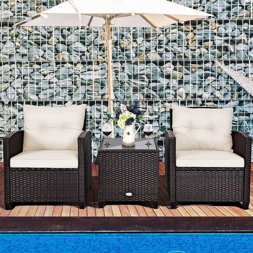 RELAX4LIFE 3 Piece Patio Furniture Set, Wicker Bistro Conversation Set w/ 2 Cushioned Armchairs & Glass Topped Table, Outdoor Rattan Sofa for Porch Balcony Poolside (White)