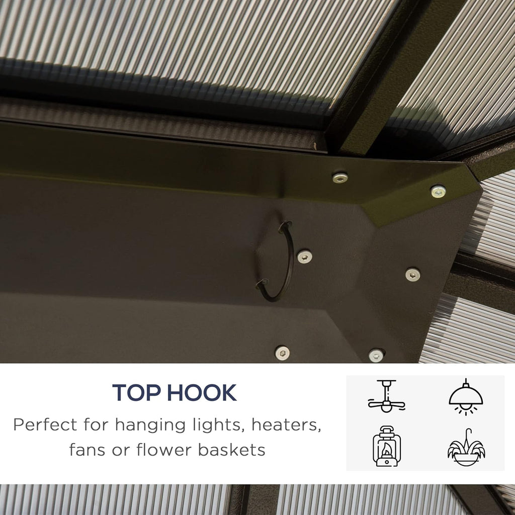 Outsunny 10' x 12' Hardtop Gazebo Canopy with Polycarbonate Roof, Aluminum Frame, Permanent Pavilion Outdoor Gazebo with Netting, for Patio, Garden, Backyard, Deck, Lawn, Dark Brown, Off-White