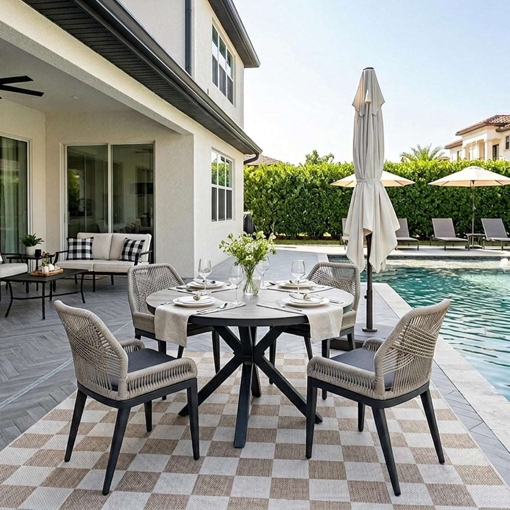 PURPLE LEAF 5 Pieces Round Dining Set Patio Aluminum Modern Oversize Round Table and Wicker Chairs with Cushions for Kitchen Porch Garden Outdoor Furniture Sets, Beige and Dark Grey