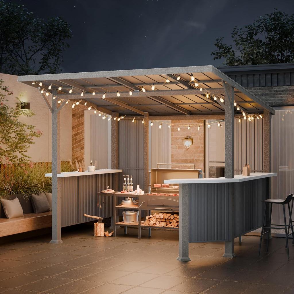 10X10 FT Hardtop BBQ Gazebo, Outdoor Pergola with Multi Shelves, Hardtop Aluminum Grill Gazebo for BBQ with Independent Countertop, Suitable for Patio Backyard