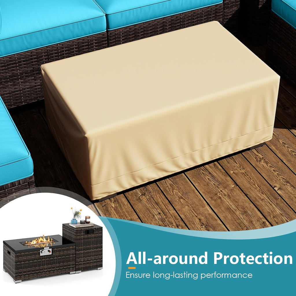 Tangkula 7 Pieces Wicker Patio Furniture Set with 40,000 BTU Gas Fire Pit Table & Propane Tank Cover Table & Glass Top Coffee Table, for Garden, Backyard and Poolside (Turquoise)