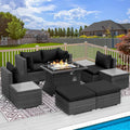 RADIATA 9 Piece Wicker Patio Furniture Set with Fire Pit, All-Weather Outdoor Sectional Couch High Back Large Size, Modular Backyard Seating Sofa Set with Propane/Natural Gas Firepit Table, Grey&Black