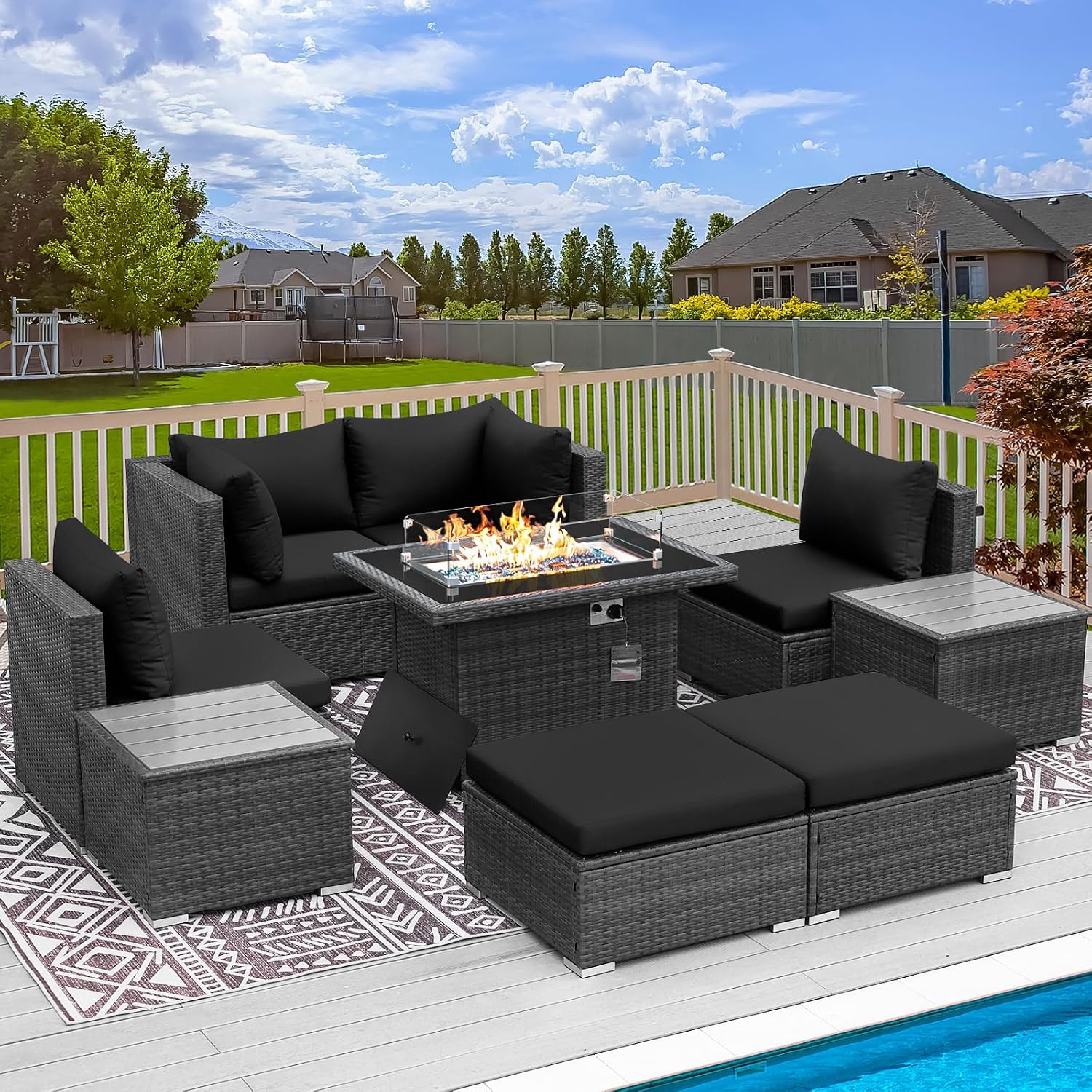 RADIATA 9 Piece Wicker Patio Furniture Set with Fire Pit, All-Weather Outdoor Sectional Couch High Back Large Size, Modular Backyard Seating Sofa Set with Propane/Natural Gas Firepit Table, Grey&Black