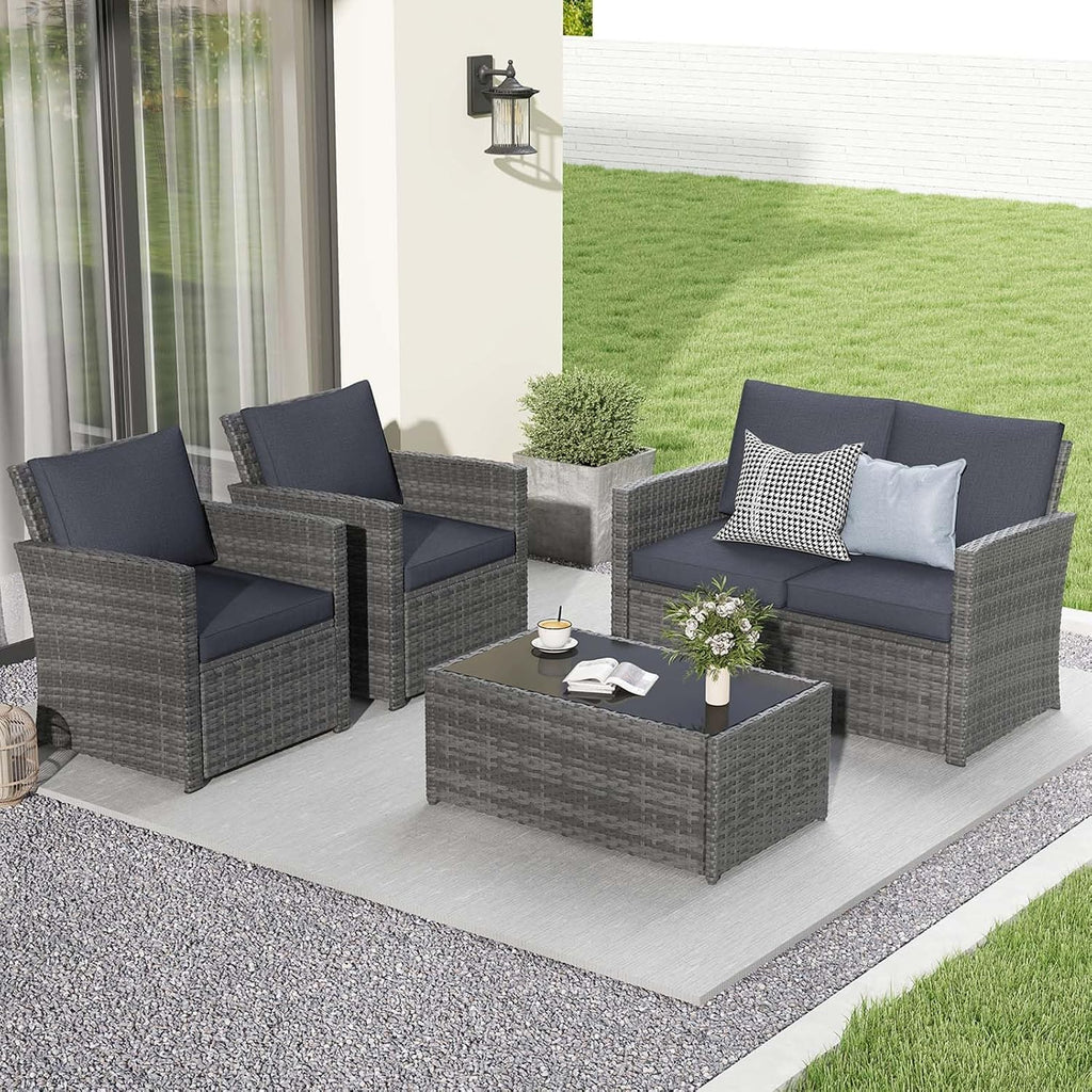 JOIVI 4 Piece Outdoor Patio Furniture Set, All-Weather Wicker Patio Conversation Set, PE Rattan Sofa Set with Loveseat Chair and Tempered Glass Coffee Table, Dark Gray