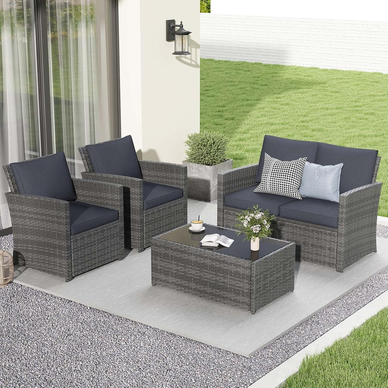 JOIVI 4 Piece Outdoor Patio Furniture Set, All-Weather Wicker Patio Conversation Set, PE Rattan Sofa Set with Loveseat Chair and Tempered Glass Coffee Table, Dark Gray