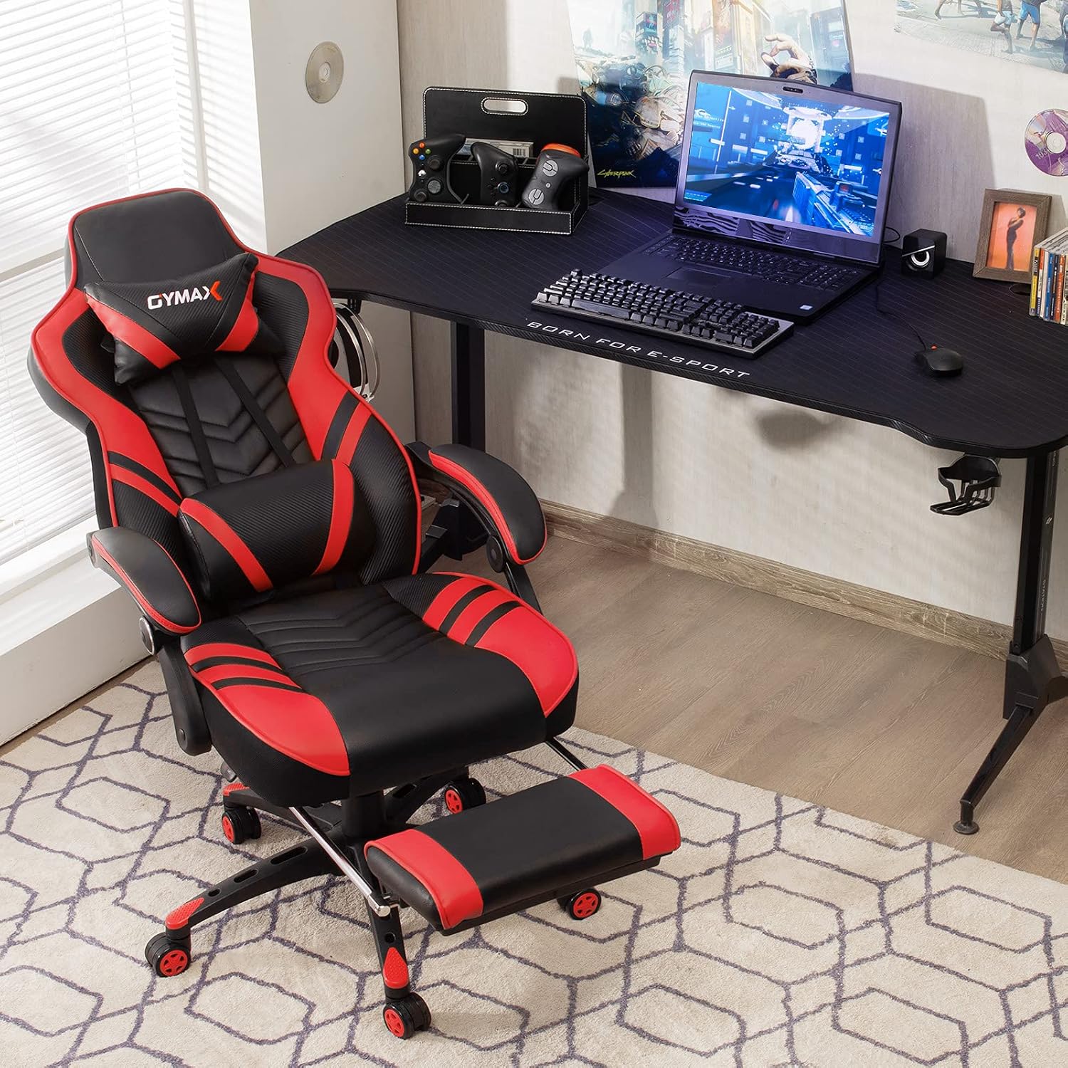 GYMAX Gaming Chair, Ergonomic Computer Chair with Footrest, Linkage Armrests & Lumbar Cushion, Big Wide High Back Video Gaming Chair, Reclining Office Rolling Chair for Adult/Teens (Red)