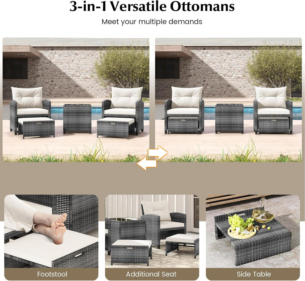 KOTEK 5 Pieces Patio Furniture Set with Ottomans, Wicker Patio Conversation Set with Coffee Table & Cushions, PE Rattan Outdoor Lounge Chairs for Backyard, Porch, Poolside (Mix Grey- Off White)
