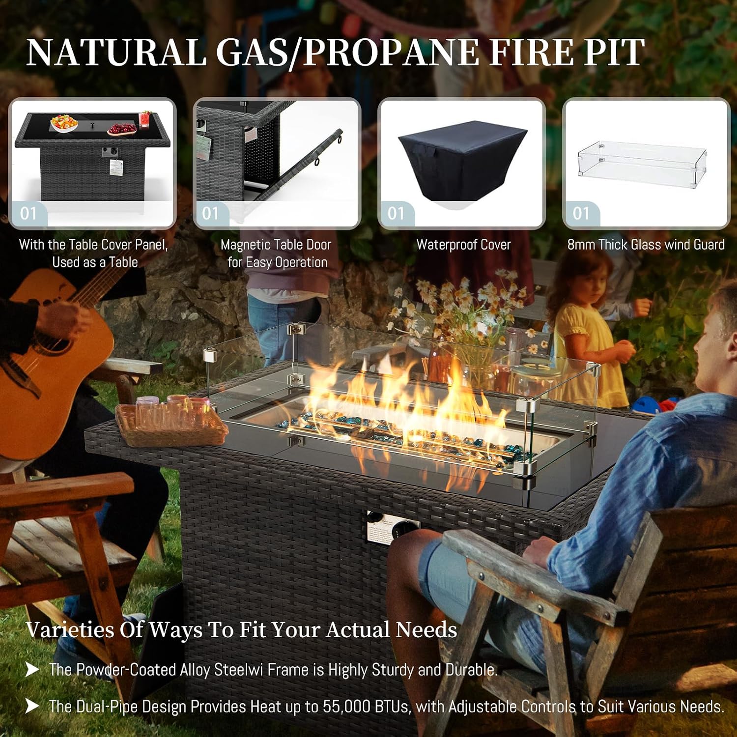 RADIATA 9 Piece Wicker Patio Furniture Set with Fire Pit, All-Weather Outdoor Sectional Couch High Back Large Size, Modular Backyard Seating Sofa Set with Propane/Natural Gas Firepit Table, Dark Grey