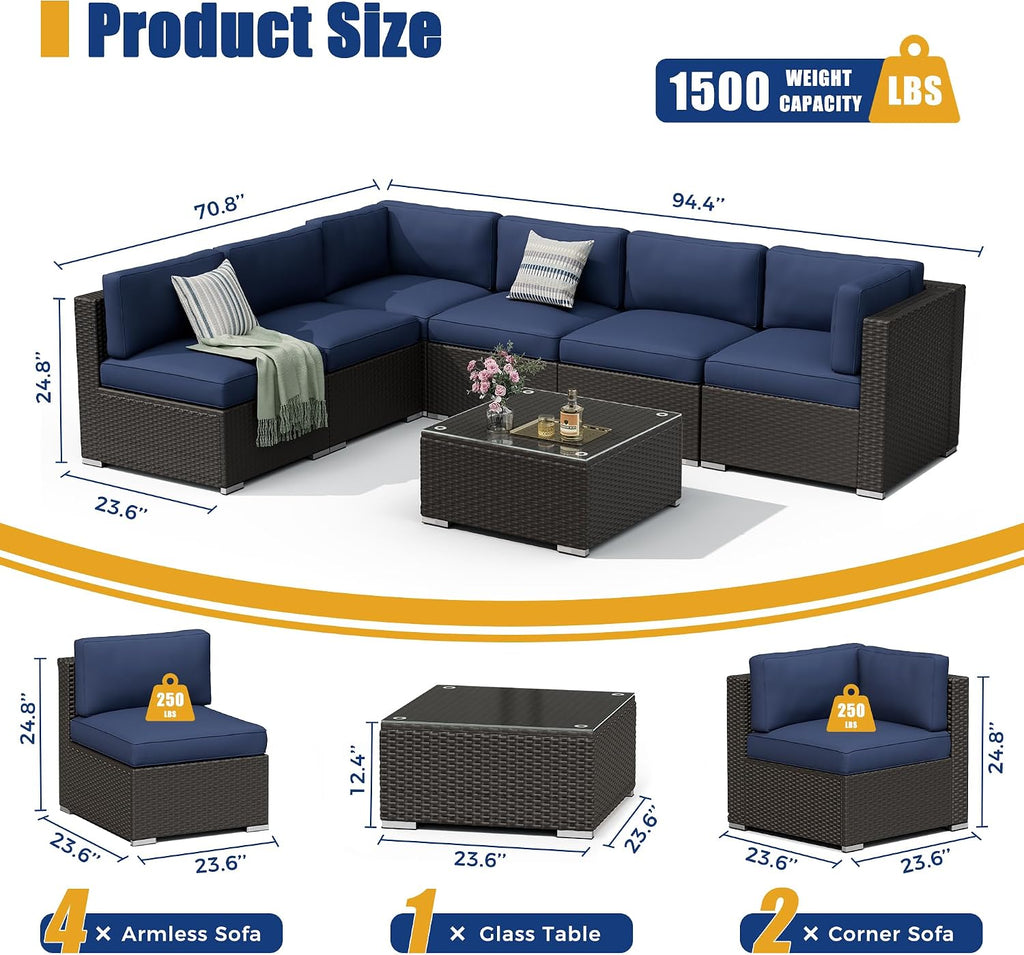 Incbruce Outdoor Patio Furniture Set 7-Piece All-Weather Sectional Sofa Outside Couch, Manual Weaving Wicker Rattan Conversation Set with Glass Top Table and Removable Cushions(Dark Blue)