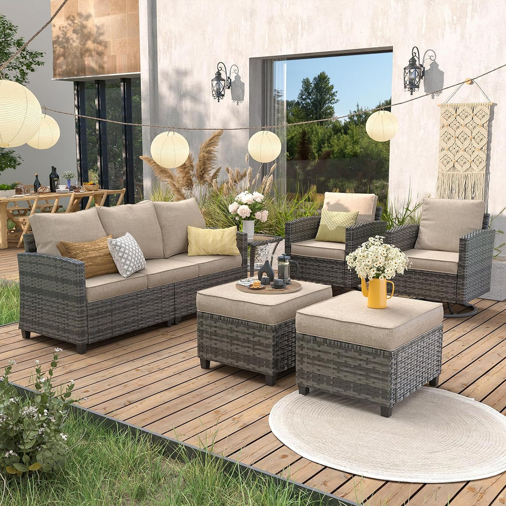 UDPATIO Patio Furniture Set, 6 Pieces Outdoor Sectional Couch, Gray Wicker Rattan Conversation Sofa with Swivel Rocking Chair, 4' Thick Cushion for Garden Backyard Deck, Khaki