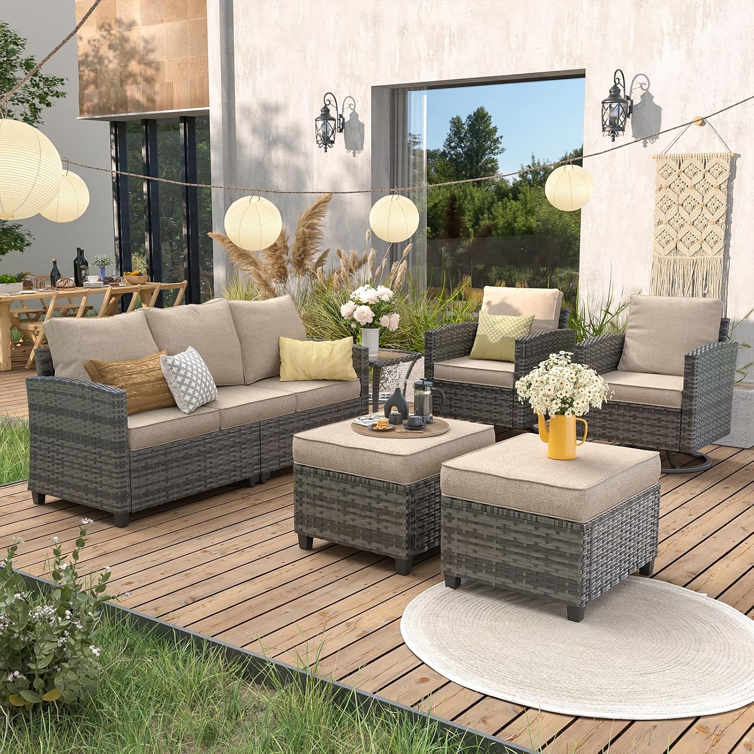 UDPATIO Patio Furniture Set, 6 Pieces Outdoor Sectional Couch, Gray Wicker Rattan Conversation Sofa with Swivel Rocking Chair, 4' Thick Cushion for Garden Backyard Deck, Khaki