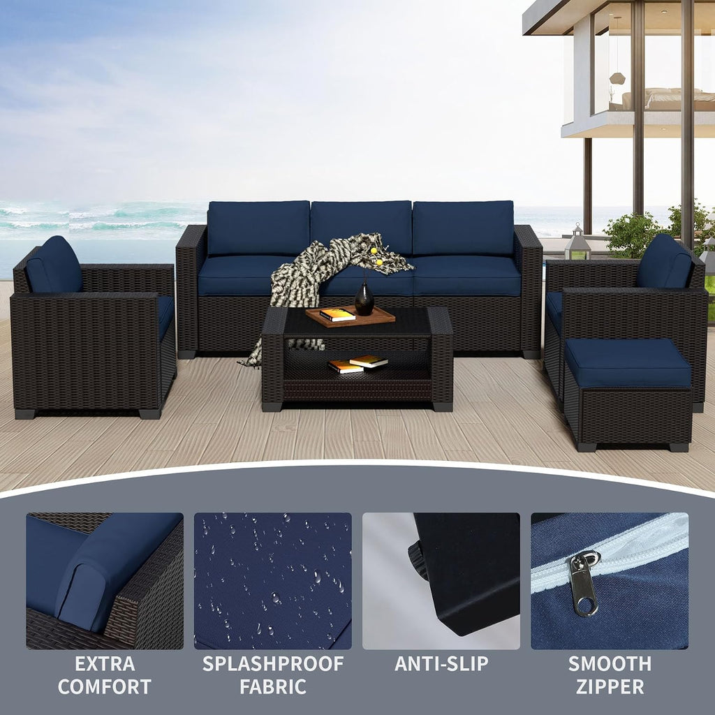 YLGJ&TIDY 7 PCS Outdoor Wicker Furniture Set Sectional Rattan Sofa Couch with Thick Cushions Glass Top Coffee Table Patio Conversation Set for Garden Backyard (Dark Brown Rattan & Dark Blue)