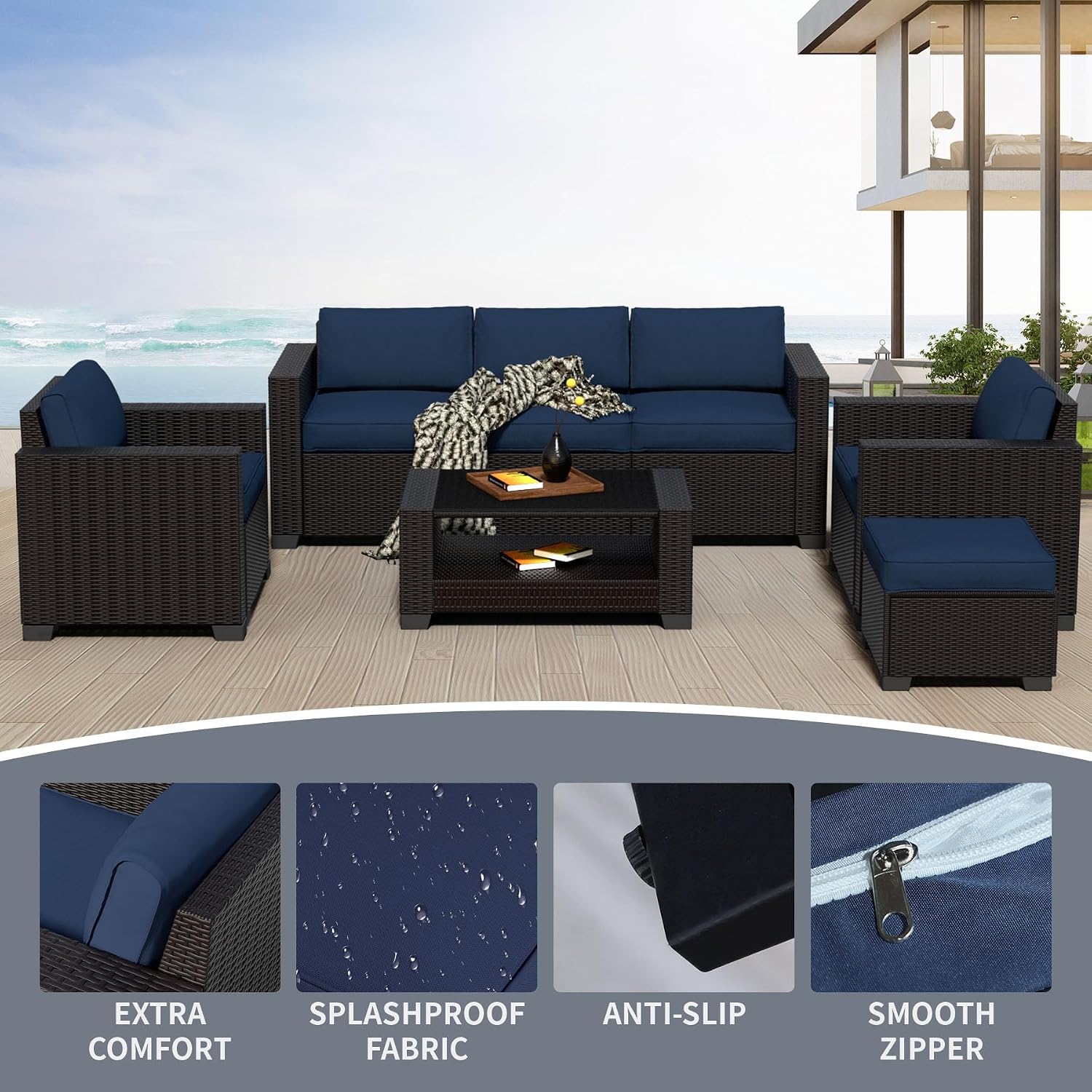 YLGJ&TIDY 7 PCS Outdoor Wicker Furniture Set Sectional Rattan Sofa Couch with Thick Cushions Glass Top Coffee Table Patio Conversation Set for Garden Backyard (Dark Brown Rattan & Dark Blue)
