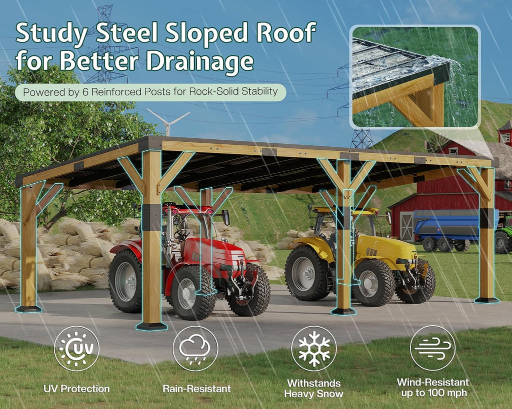 Jocisland 12x24x8.2 FT Cedar Wood Carport for 2 Cars, Heavy Duty Canopy Carport with Sloped Galvanized Steel Roof for All Weather, Permanent Shelter for Full-Sized Pickup Truck, Boat & Tractor