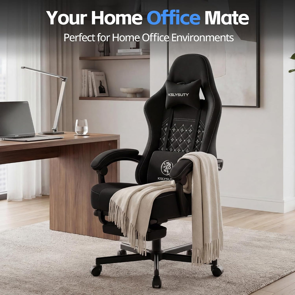 Gaming Chair Breathable Fabric with Pocket Spring Cushion, Wide and High Ergonomic Office Chair with Headrest, Computer Gaming Chair with Footrest for Adult and Teen (Black Fabric)