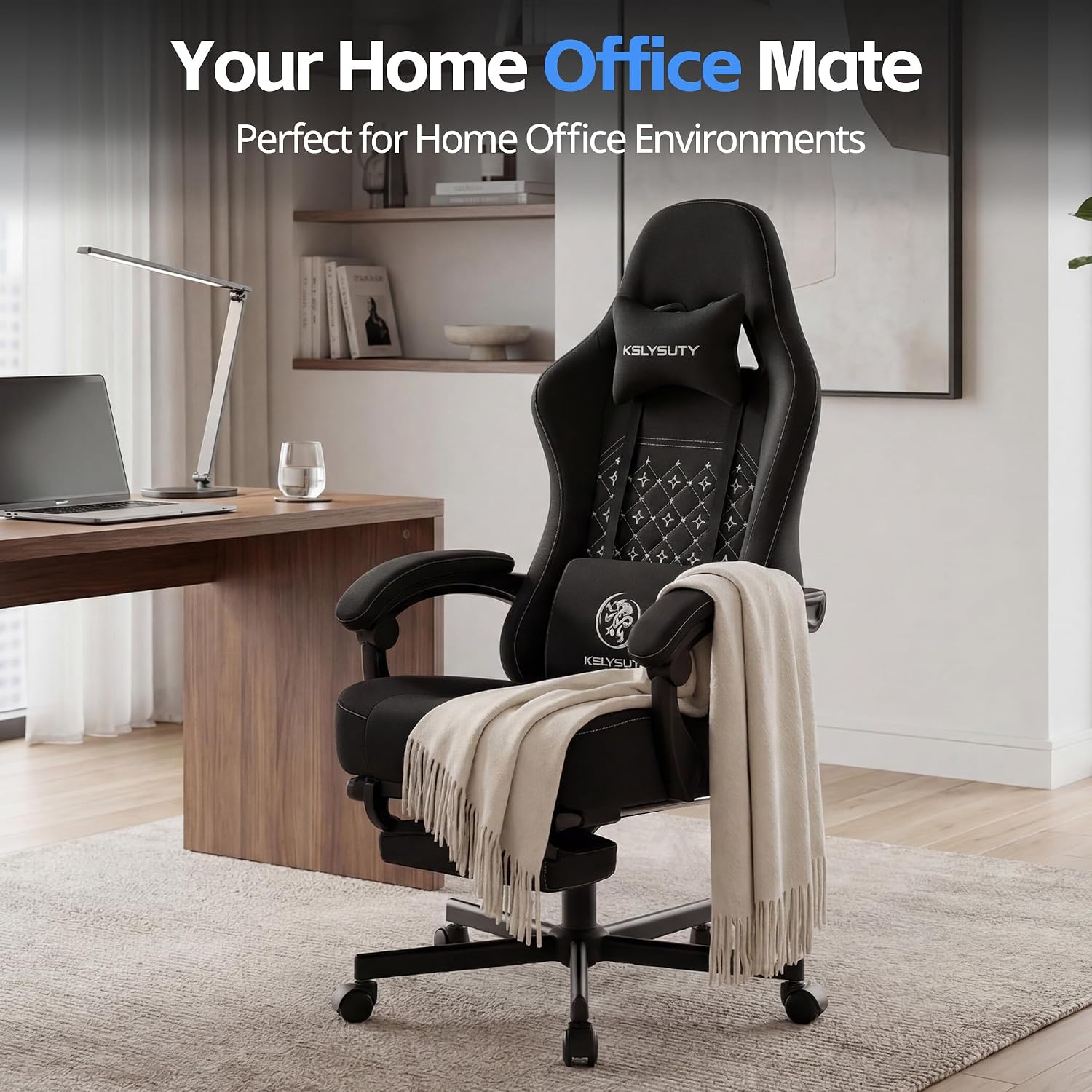 Gaming Chair Breathable Fabric with Pocket Spring Cushion, Wide and High Ergonomic Office Chair with Headrest, Computer Gaming Chair with Footrest for Adult and Teen (Black Fabric)