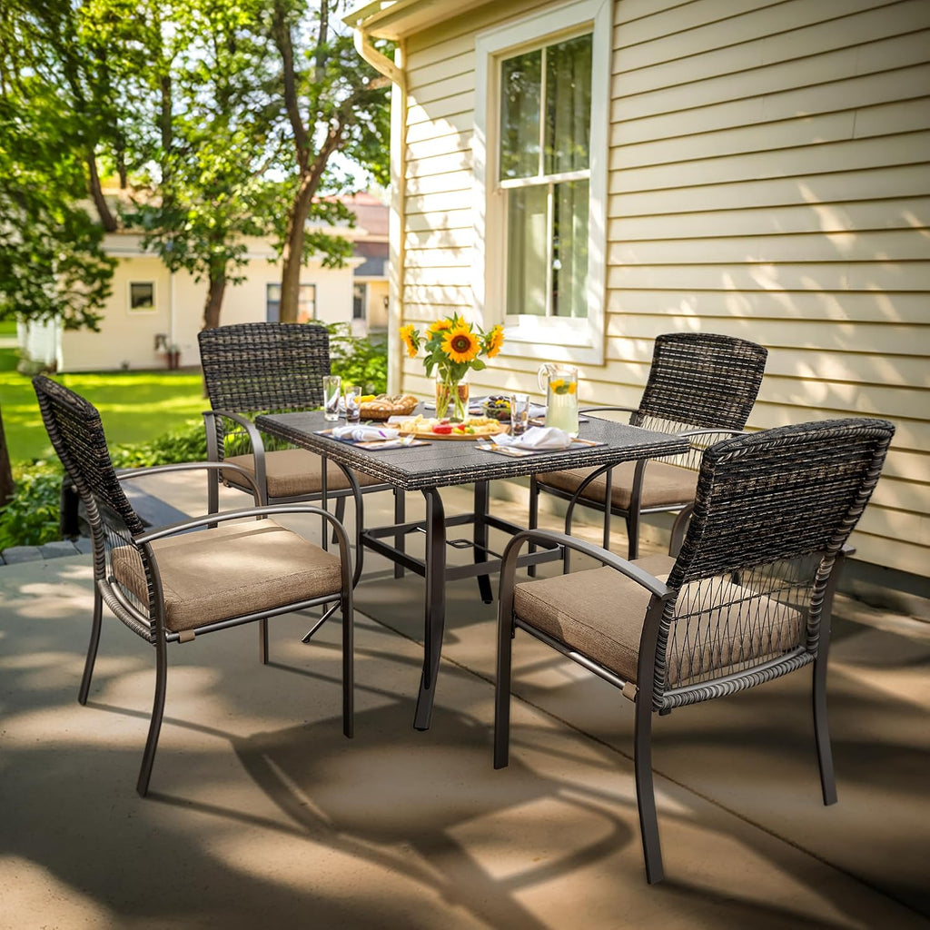 Pamapic Outdoor 5-Piece Patio Dining Set, Weather Resistant PE Rattan Table and Chairs, Comfortable Cushions, Easy Maintenance, 5 PCS, Beige