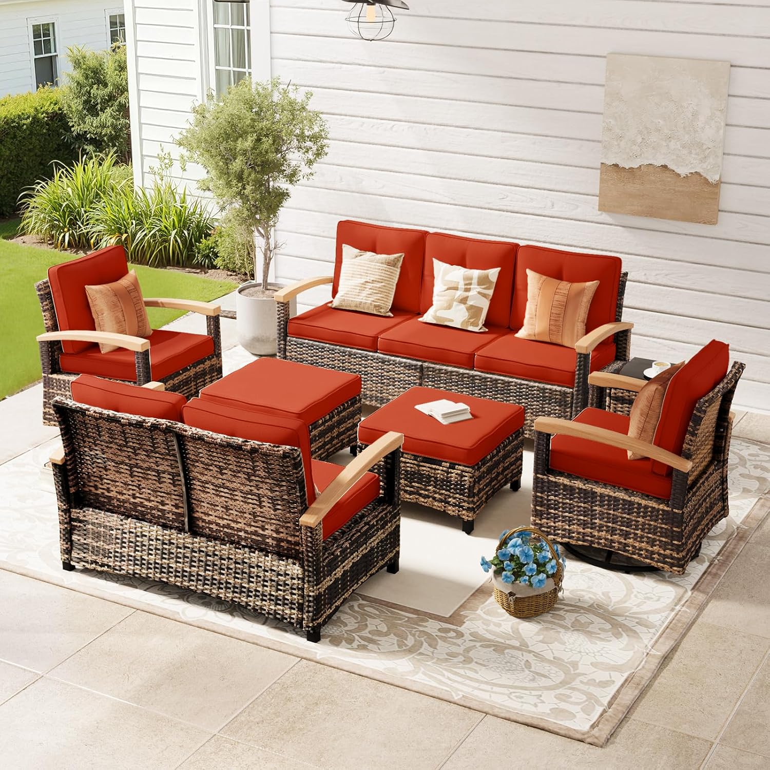 MEISSALIVVE 7 Pieces Outdoor Patio Furniture Sets, Wicker Patio Conversation Sets with 2 Wood Armrests Swivel Glide Chairs, Outdoor Couch for Deck Yard and Poolside (Red)