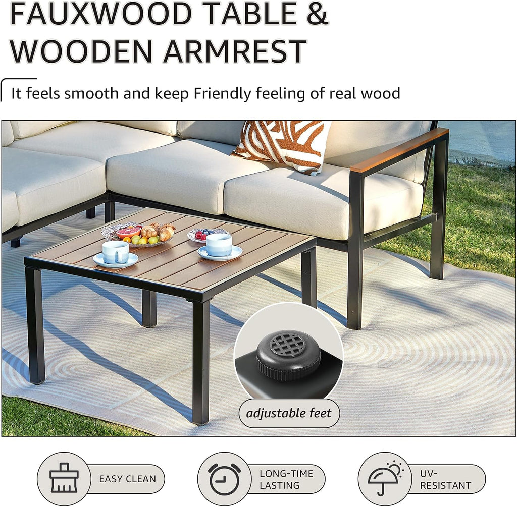 NATURAL EXPRESSIONS 6 Pieces Patio Furniture Set, Outdoor Couch with Thick Olefin Cushions, Fauxwood Armrest and Tabletop, Ergonomic Design Highback, Sectional Outdoor Furniture for Backyard, Deck