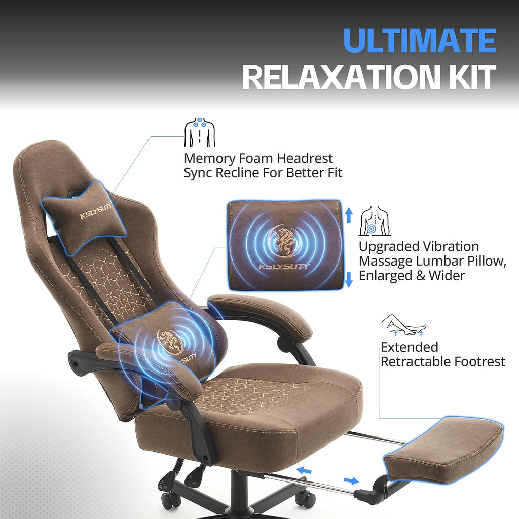 Gaming Chair Breathable Leather with Pocket Spring Cushion, Wide and High Ergonomic Office Chair with Headrest, Computer Gaming Chair with Footrest for Adult and Teen (Brown Leather)