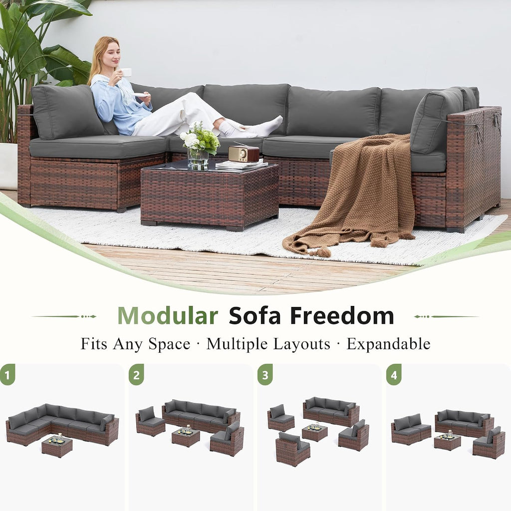 Patio Furniture Sets with Waterproof Cover, 7 Pieces Outdoor Rattan Sectional Sofa Set with Glass Table and Cushions,Wicker Patio Conversation Set for Outdoor Indoor Backyard Lawn Garden Porch (Grey)