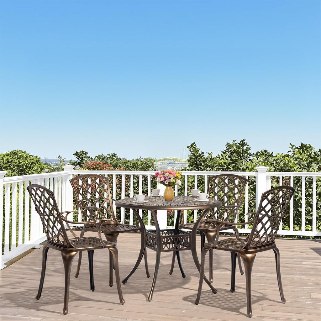 VINGLI 5 Pieces Outdoor Patio Dining Set, Cast Aluminium Patio Furniture Set with 4 Chairs and 1 Umbrella Table for Yard, Garden, Porch and Poolside, Bronze (Round Table)