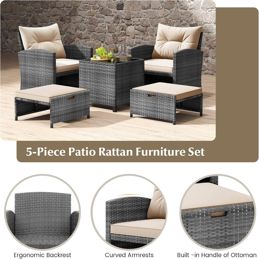 KOTEK 5 Pieces Patio Furniture Set with Ottomans, Wicker Patio Conversation Set with Coffee Table & Cushions, PE Rattan Outdoor Lounge Chairs for Backyard, Porch, Poolside (Mix Grey- Beige)