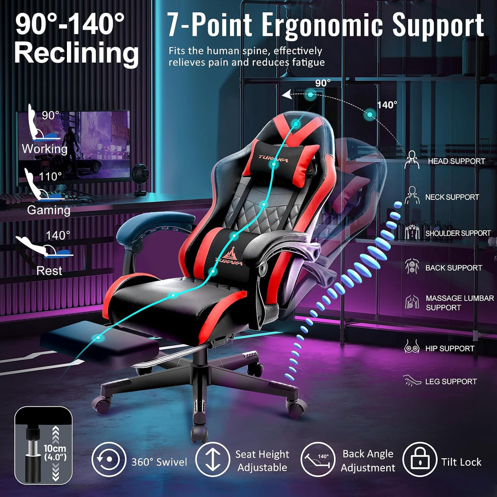 Gaming Chair,Ergonomic Massage Computer Office Desk Chair with Footrest,Pocket Spring Cushion,Reclining Leather Adjustable Gamer Chair with Headrest and Lumbar Support,Red