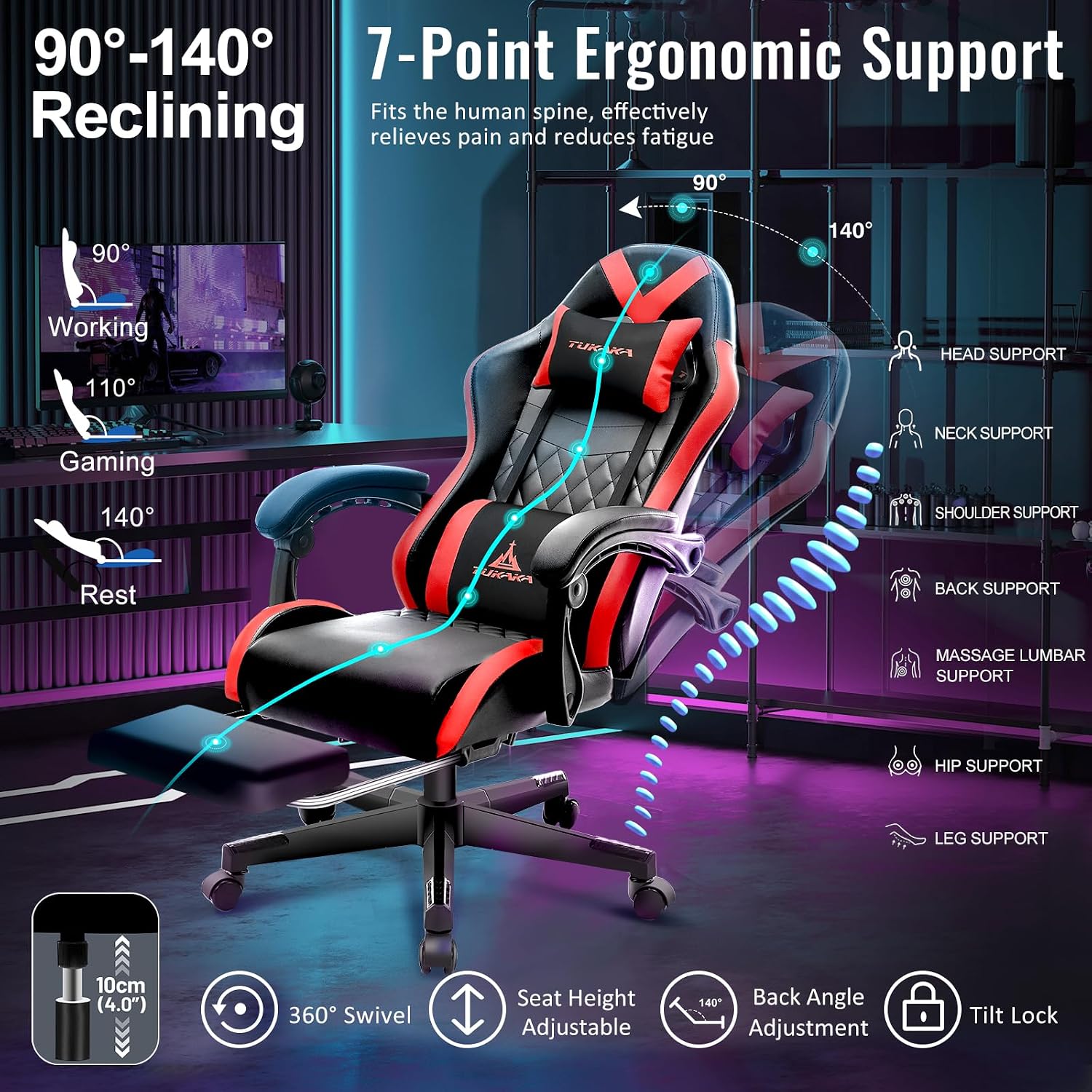 Gaming Chair,Ergonomic Massage Computer Office Desk Chair with Footrest,Pocket Spring Cushion,Reclining Leather Adjustable Gamer Chair with Headrest and Lumbar Support,Red