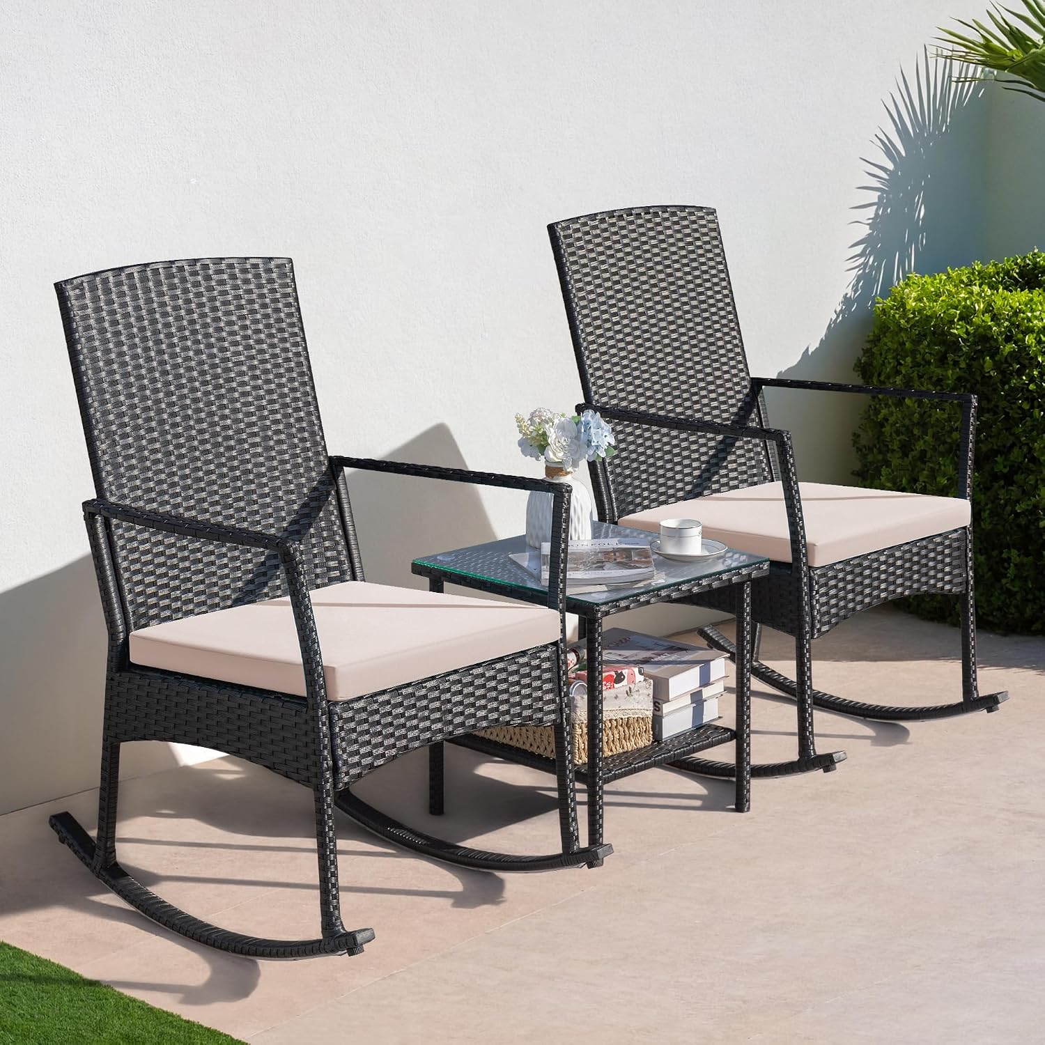 Greesum 3 Pieces Patio Furniture Set Outdoor Wicker Rocking Chairs with Glass Coffee Table for Garden Backyard Porch Poolside, Beige