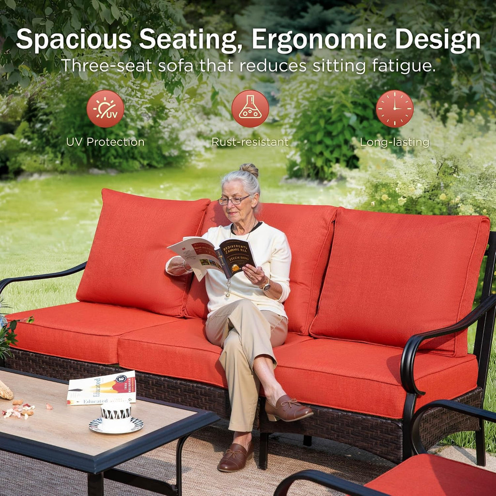 PHI VILLA Outdoor Modern Patio Furniture Set, Upgraded Wicker & Metal Patio Furniture Conversation Set with Waterproof Thick Cushions for Porch, Poolside, Yard (4 Pieces,Red)