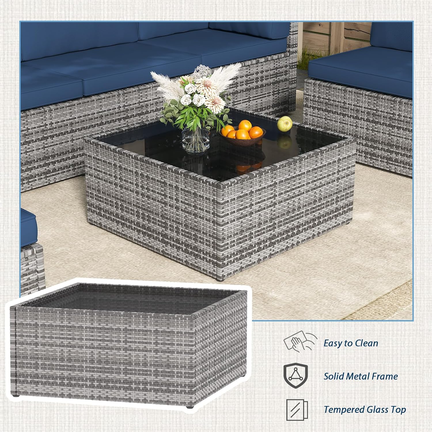 AECOJOY 7 Piece Outdoor Patio Furniture Set, Outdoor Sectional Conversation Furniture Chair with Coffee Table, Patio Sectional for Backyard, Garden(Navy Cushions and Grey PE Rattan)