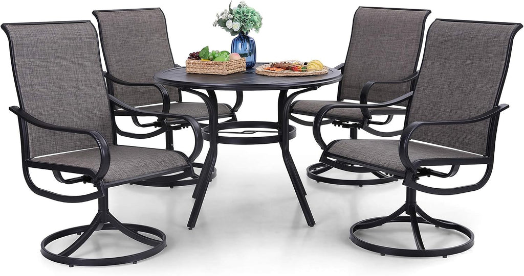 PHI VILLA 5 Piece Patio Dining Set, 4 Swivel Patio Chairs and 1 Round Metal Table with 1.57' Umbrella Hole, All Weather Resistant for Lawn Garden