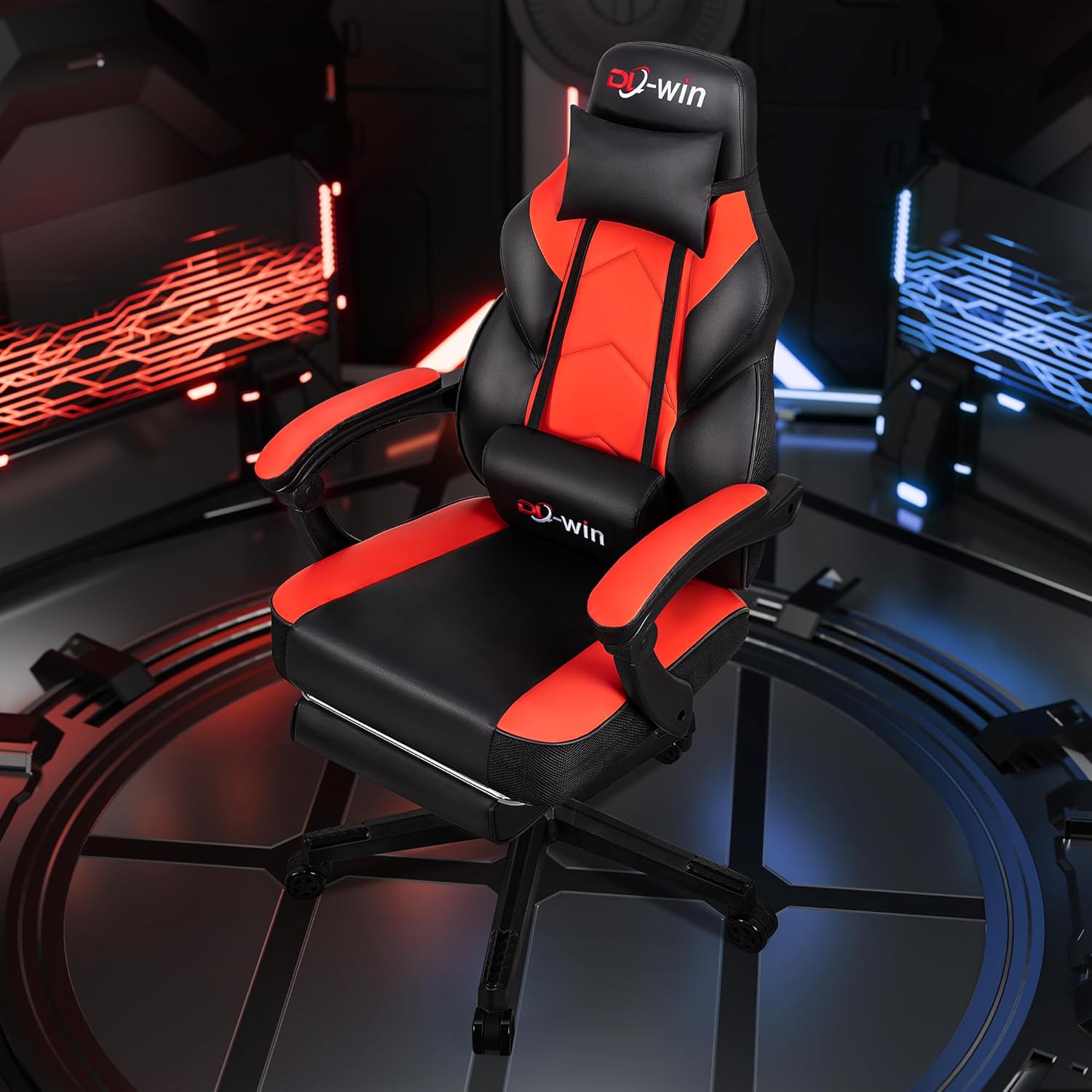 Gaming Chair, Office Chair with Footrest and Lumbar Support, Height Adjustable Game Chair with 360°-Swivel Seat and Headrest and for Office or Gaming (Deep Red)