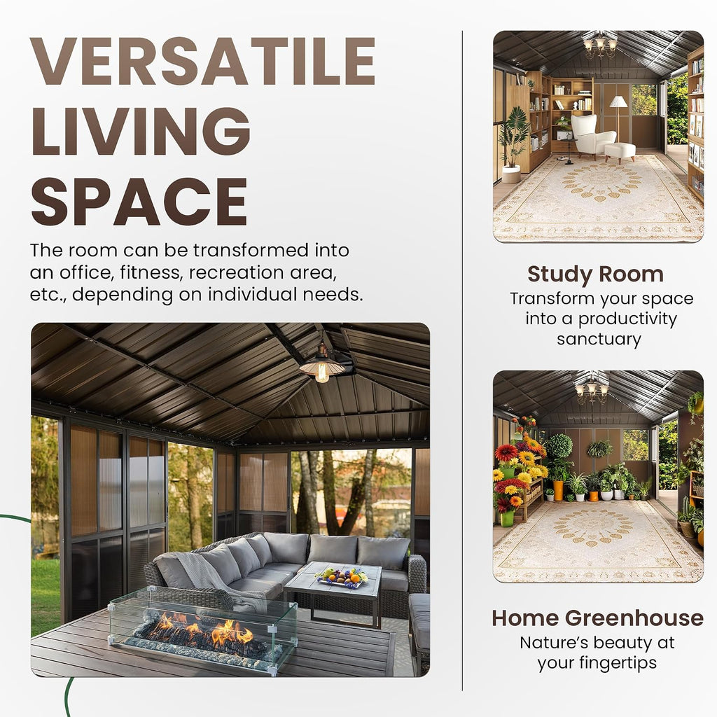 EROMMY 12' X 20' Hardtop Sunroom, Galvanized Steel Double Roof Gazebo Solarium with Detachable Windows & Lockable Doors, All-Weather Sun Room for Patio Deck Backyard