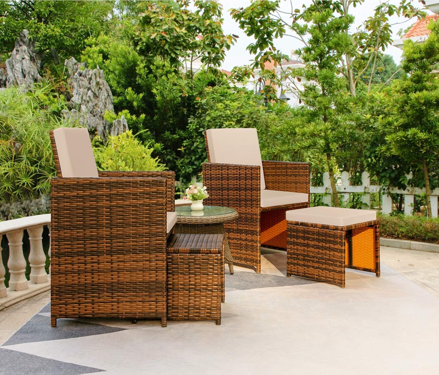 Devoko 4 Pieces Patio Wicker Furniture Set Outdoor Patio Chairs with Ottomans All Weather Cushioned Chairs Balcony Porch Furniture (Beige)