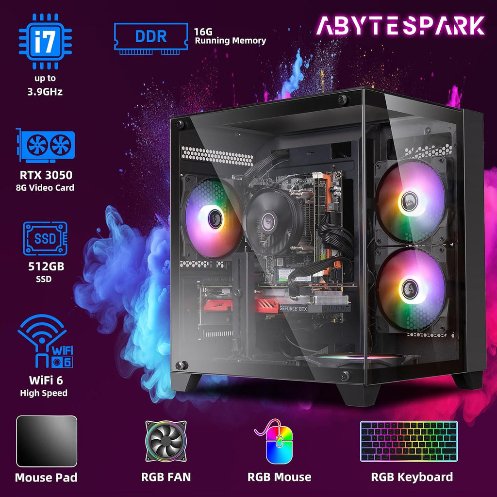 Gaming PC Desktop Computer,Intel Core i7 Desktop,Operating at A Frequency of 3.4-3.9GHz，RTX3050 Graphics Card with 8GB GDDR6 Video Memory,16GB RAM, 512GB SSD,WiFi 5.0,RGB Fan x4,Black