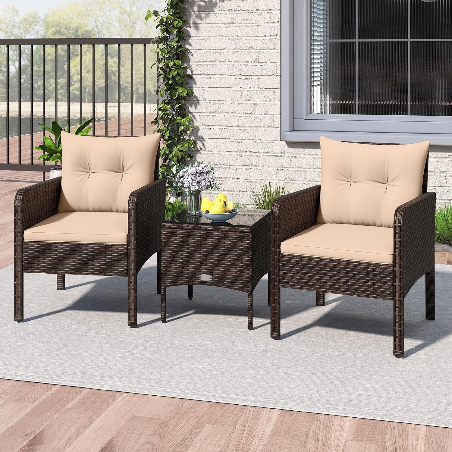 Tangkula 3 Pieces Patio PE Wicker Furniture Set, Outdoor Bistro Conversation Set with Cushions and Tempered Glass Coffee Table, Outside Rattan Table and Chairs for Porch (Beige)