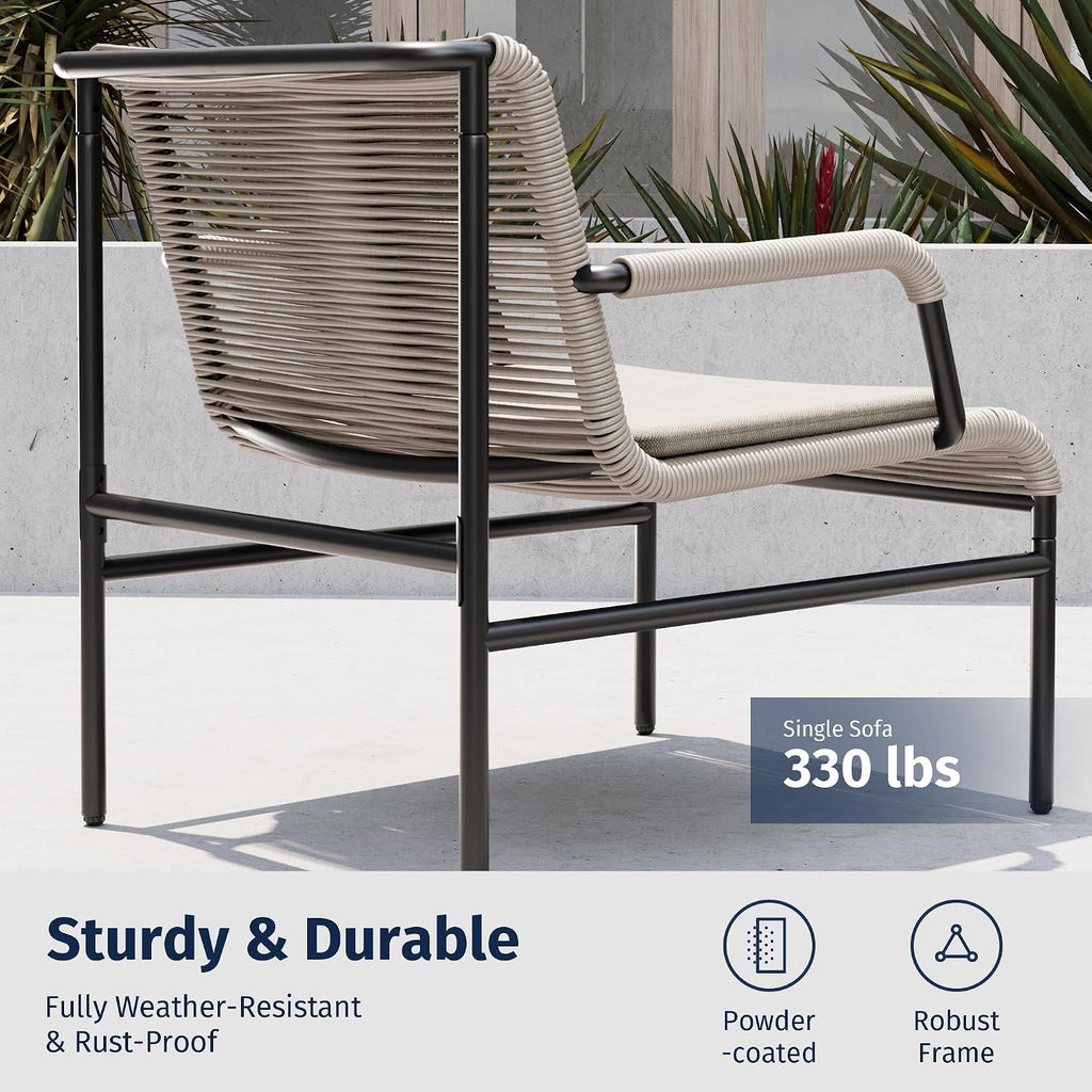 East Oak 3-Piece Patio Furniture Set, Outdoor Bistro Set with PE Rattan Wicker Wide Chairs, Soft Cushions & Coffee Table, Modern All-Weather Wicker Patio Set for Garden and Porch, Creamy Apricot