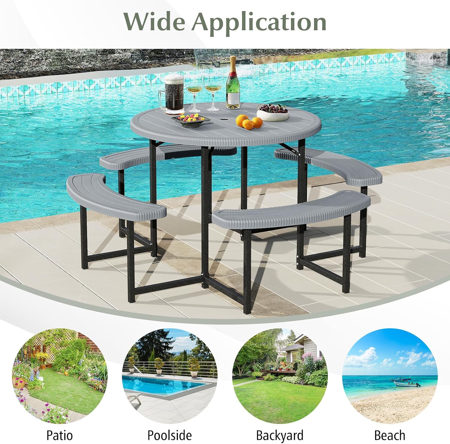 Giantex Picnic Table Bench Set for 4-8 Person, Round 37' Outdoor Dining Table w/Umbrella Hole, HDPE Tabletop, Metal Frame, Patio Furniture Set for Backyard Porch Lawn, 1400lb Capacity (Gray,Round)