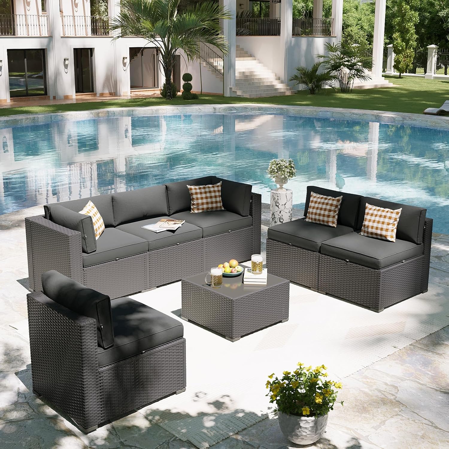 Aoxun 7 Piece Patio Furniture Set, Outdoor Sectional Sofas with Waterproof Cover, Wicker Rattan Outdoor Furniture Patio Conversation Set for Backyard, Garden Dark Grey