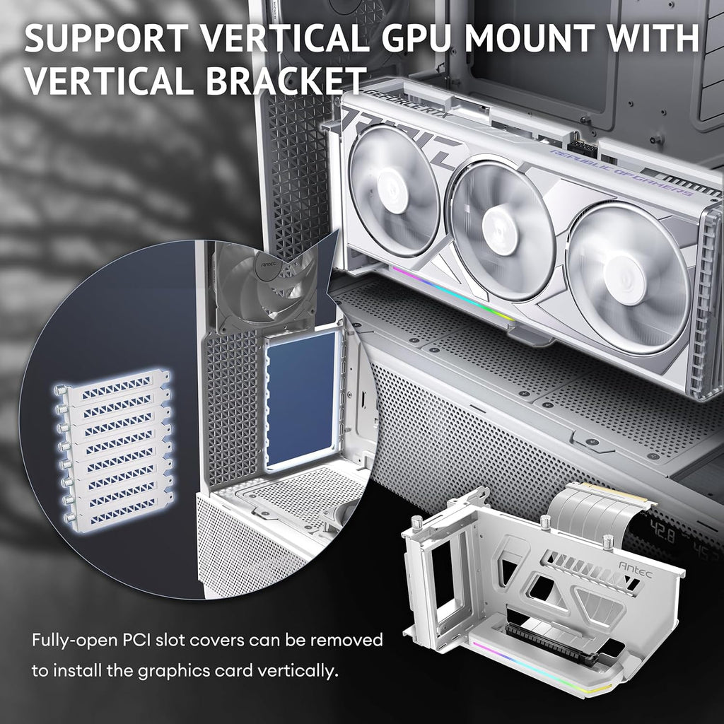 Antec Flux Pro White, 6 x PWM Fans Included, High-Airflow Front Panel with Birch Wood, iShift PSU 90° Mount, USB3.0 x 2, Type-C, 420mm Radiator Support, Temp. Display, Full-Tower E-ATX PC Case