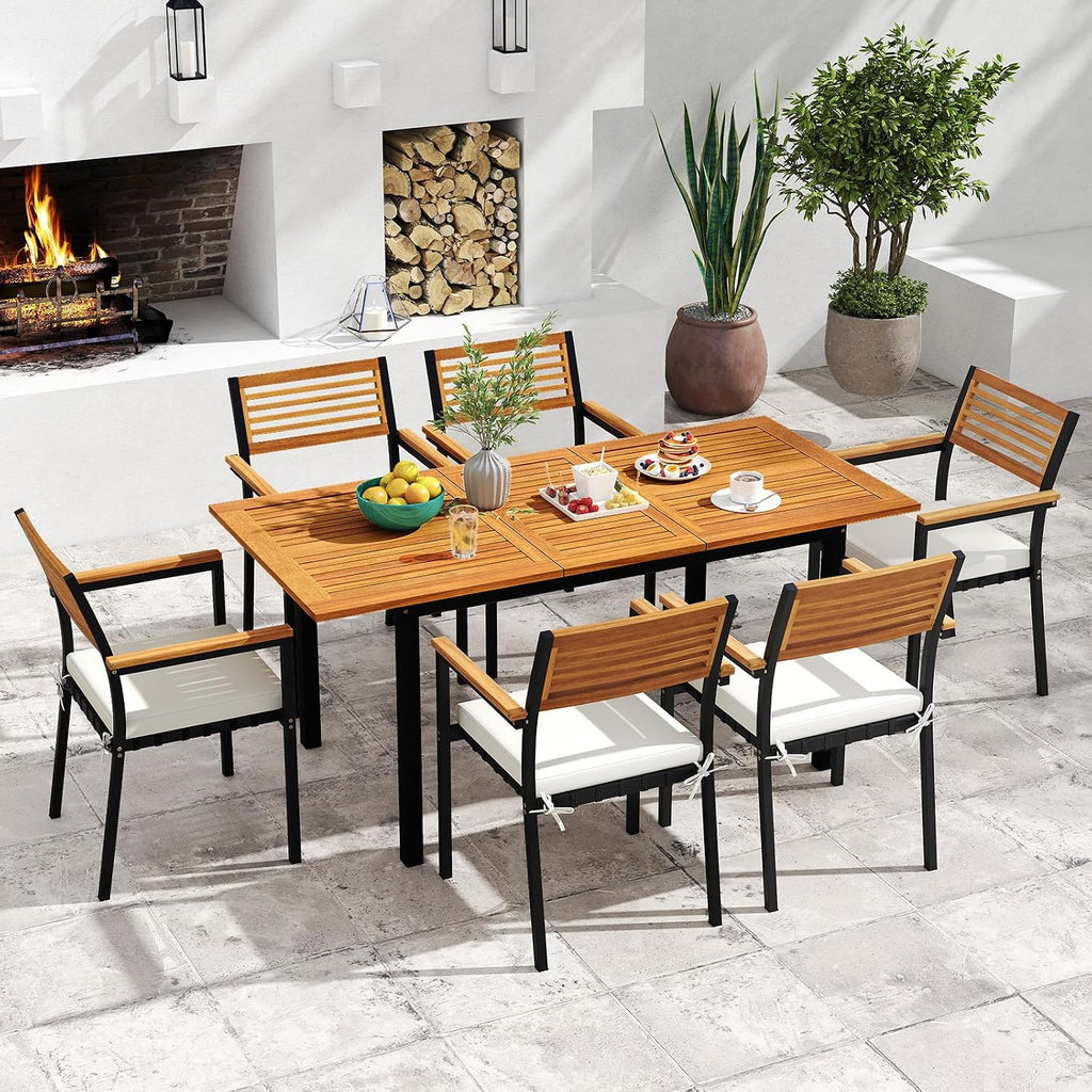 Tangkula 7 Piece Patio Dining Set, Outdoor Acacia Wood Cushioned Chairs and 51'-64' Expandable Rectangular Table Set, with Umbrella Hole, 6 Stackable Armchairs, for Poolside Garden (Off White)