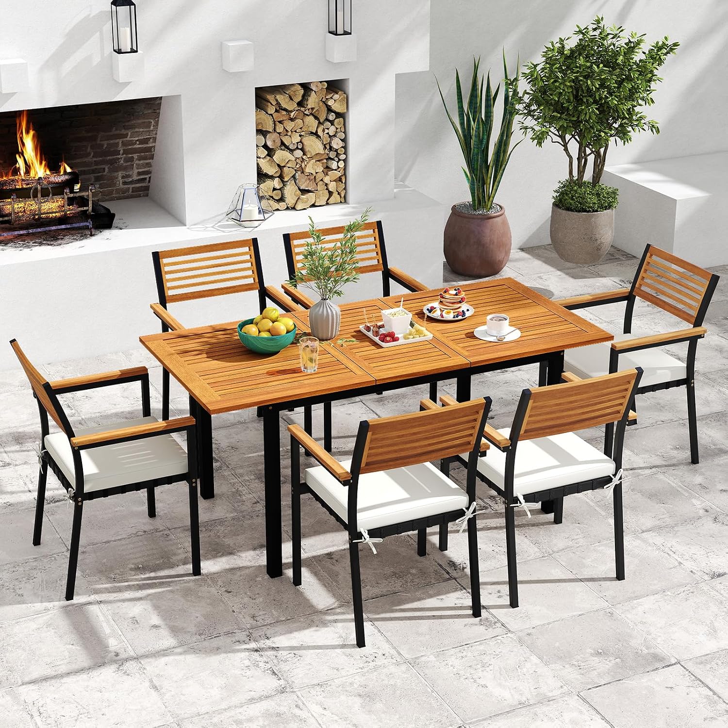 Tangkula 7 Piece Patio Dining Set, Outdoor Acacia Wood Cushioned Chairs and 51'-64' Expandable Rectangular Table Set, with Umbrella Hole, 6 Stackable Armchairs, for Poolside Garden (Off White)