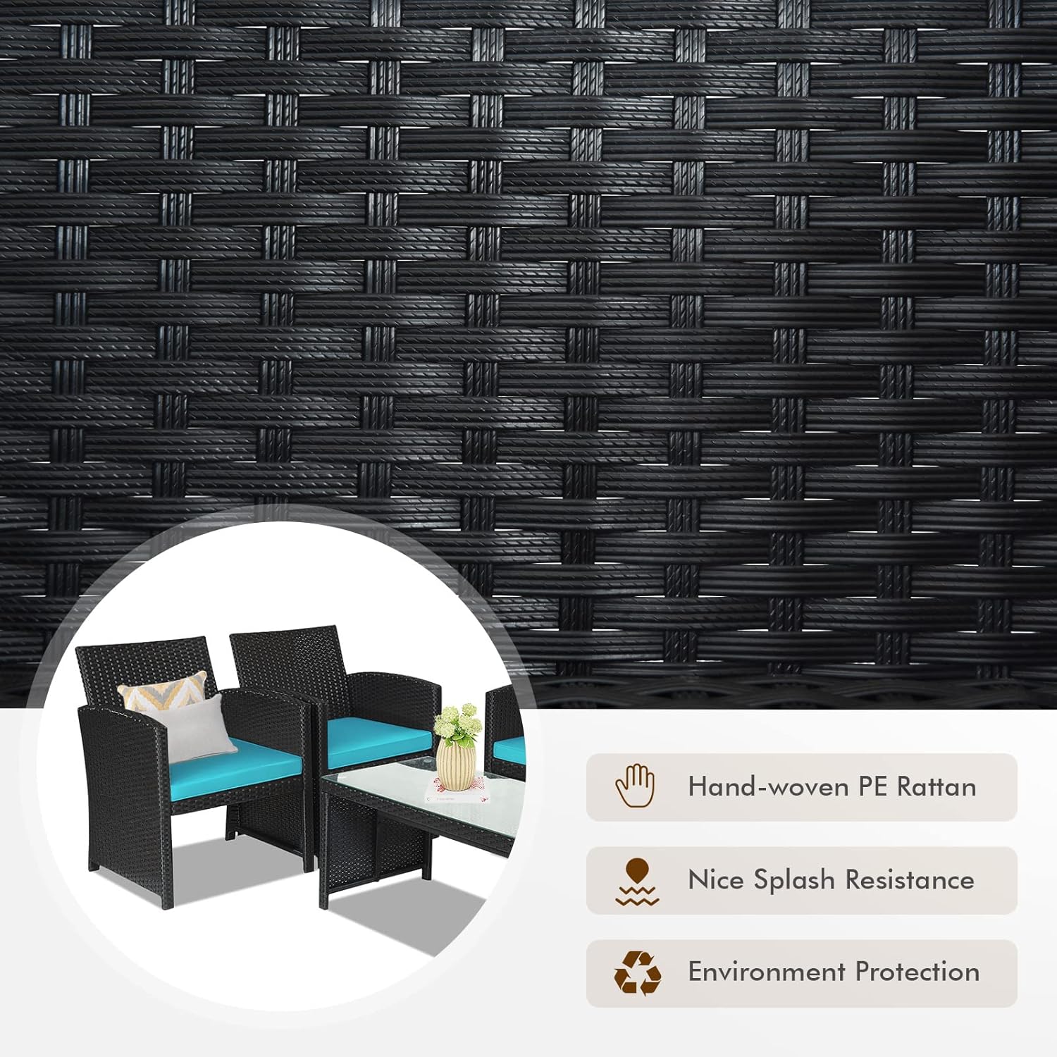 Goplus Rattan Patio Furniture Set 4 Pieces, Outdoor Wicker Conversation Sofa and Table Set with Soft Cushions & Tempered Glass Coffee Table for Balcony Garden Backyard (Turquoise)