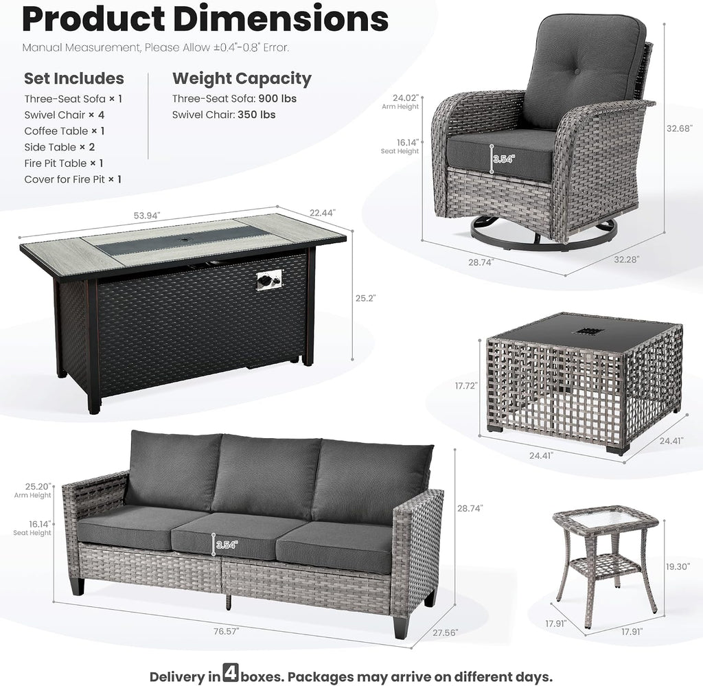ovios 9 Pieces Patio Furniture Set, Outdoor Wicker Sofa Couch with Rocking Swivel Chairs Fire Pit Table, Modern Deep Seat Rattan Conversation Sets for Deck Porch, Black