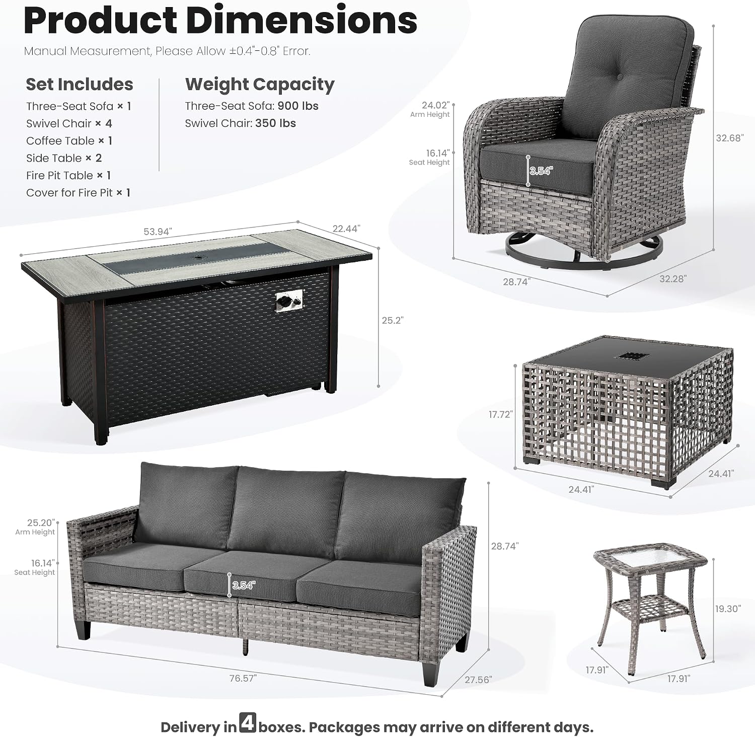 ovios 9 Pieces Patio Furniture Set, Outdoor Wicker Sofa Couch with Rocking Swivel Chairs Fire Pit Table, Modern Deep Seat Rattan Conversation Sets for Deck Porch, Black