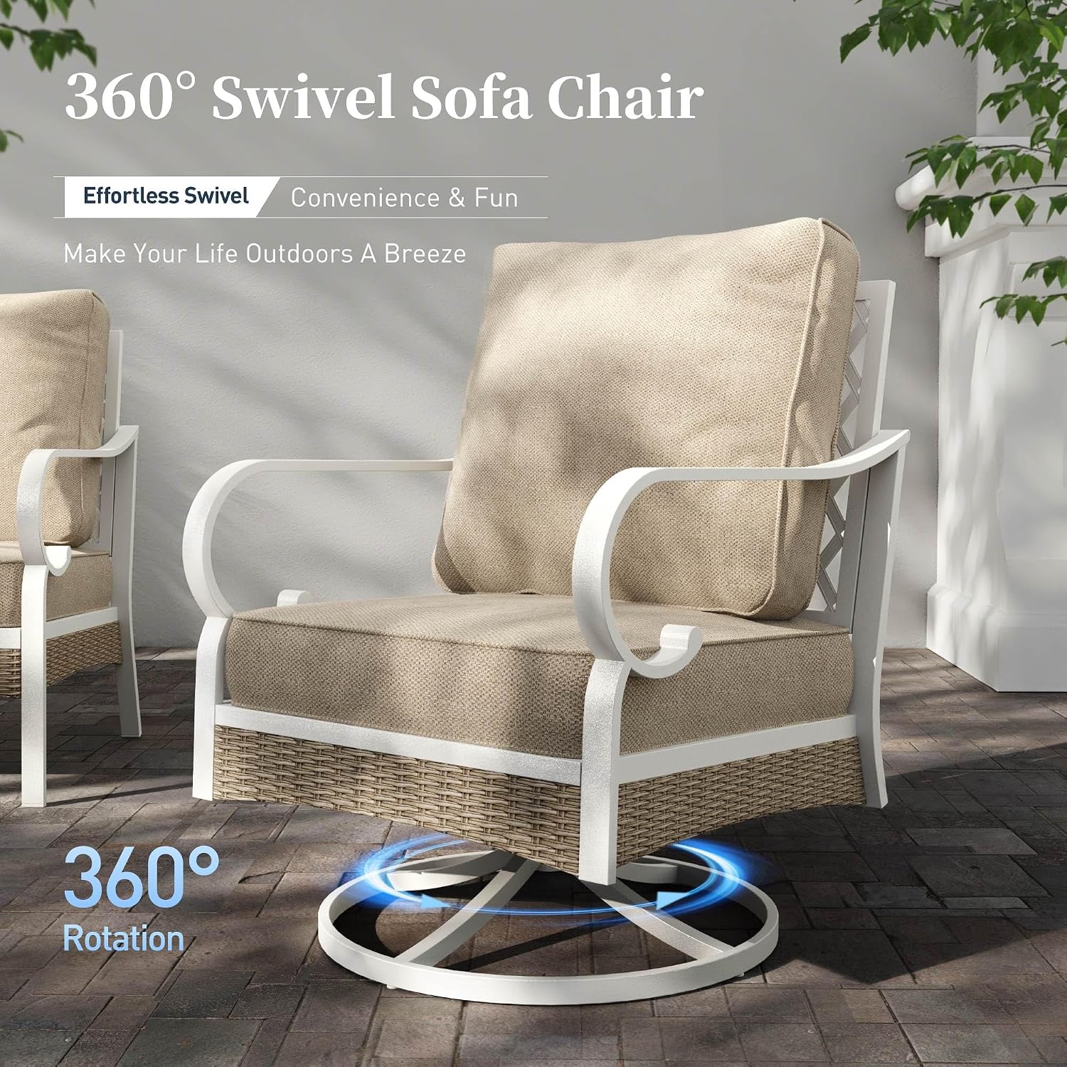 SUNSHINE VALLEY 6 Piece Metal Outdoor Patio Furniture Set, Patio Conversations Set 3-Seater Sofa, 2-Seater Sofa, 2 Swivel Chair with 5.75' Thick Cushion & Coffee Table White Backyard Furniture, Beige